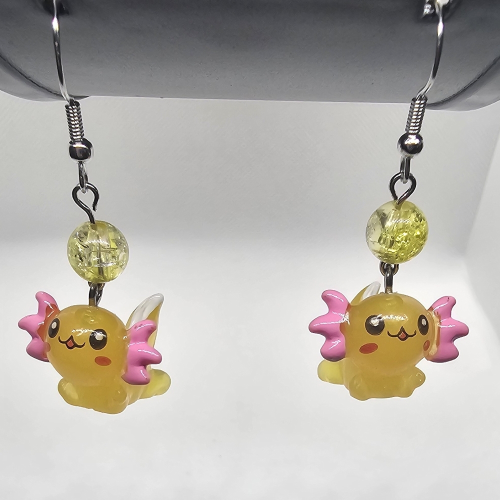 Cute Yellow Axolotl‎ Earrings - Handmade - Hypoallergenic (Dangle w/ hook)